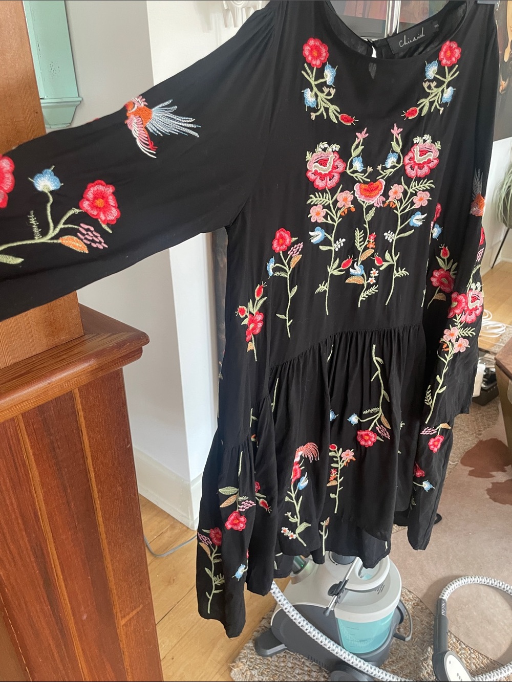 Chicwish Black High-Low Dress with Red, Pink, Blue & Green Floral Embroidery